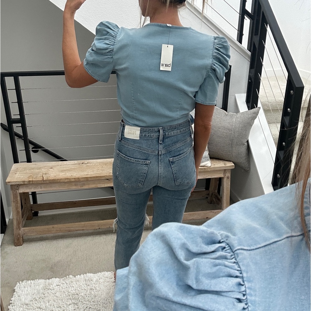 Bar III Blue Denim Puff Sleeve Wrap Crop Top | NWT Size S - Picture 12 of 12